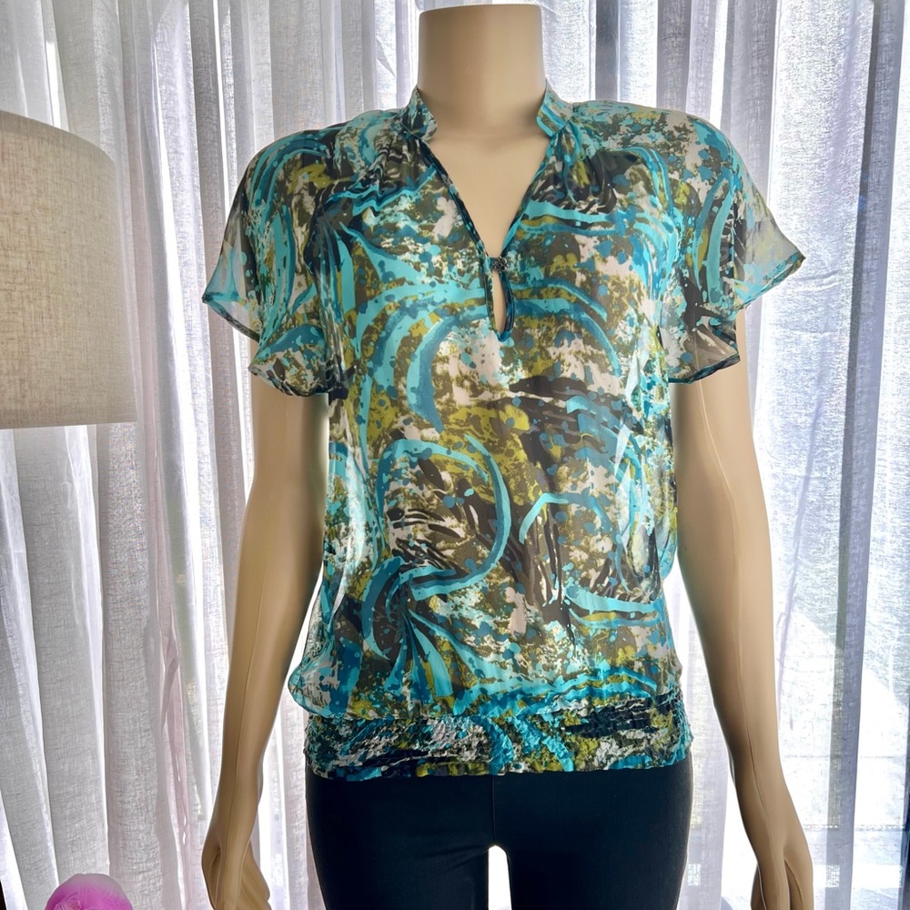 Ya Da Silk Blue Cap Sleeve Blouse Sheer Size S Small Cinched Hips